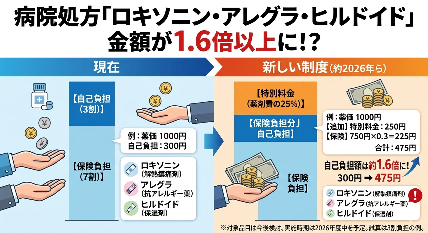 「ロキソニン・アレグラ・ヒルドイド」病院で出してもらった時の金額が1.6倍以上へ