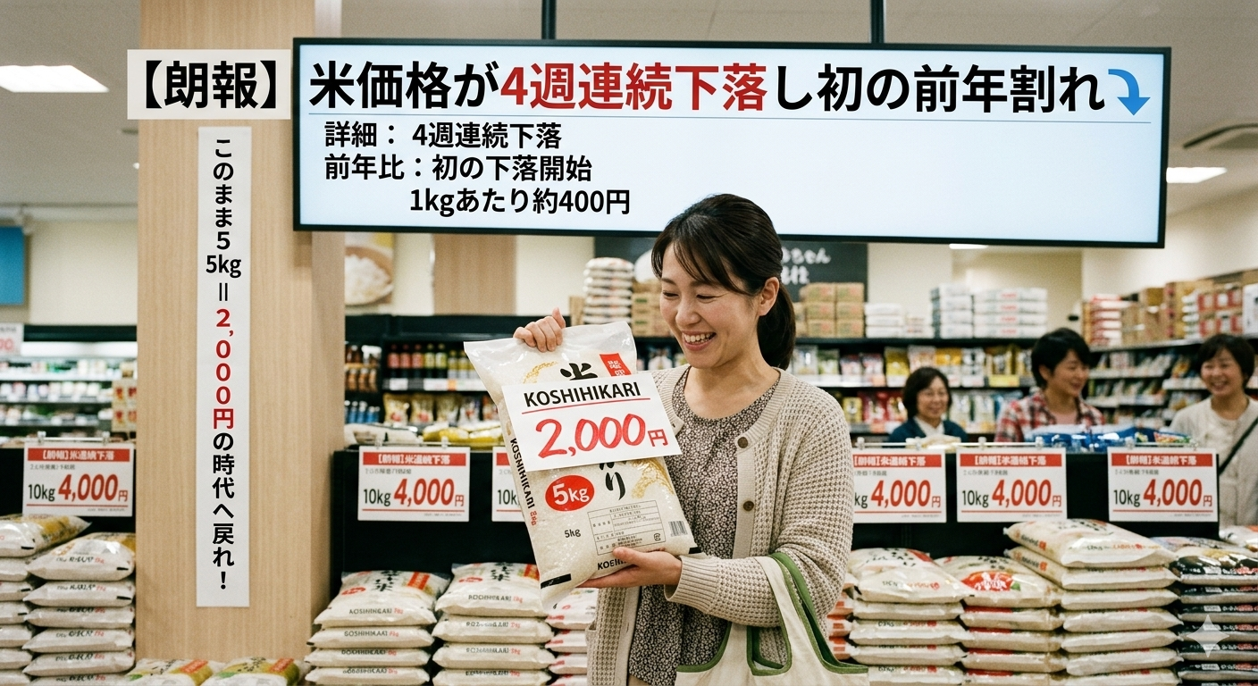 【朗報】米価格が4週連続下落し初の前年割れ⤵このまま5kg=2,000円の時代に戻ってくれんかなぁ