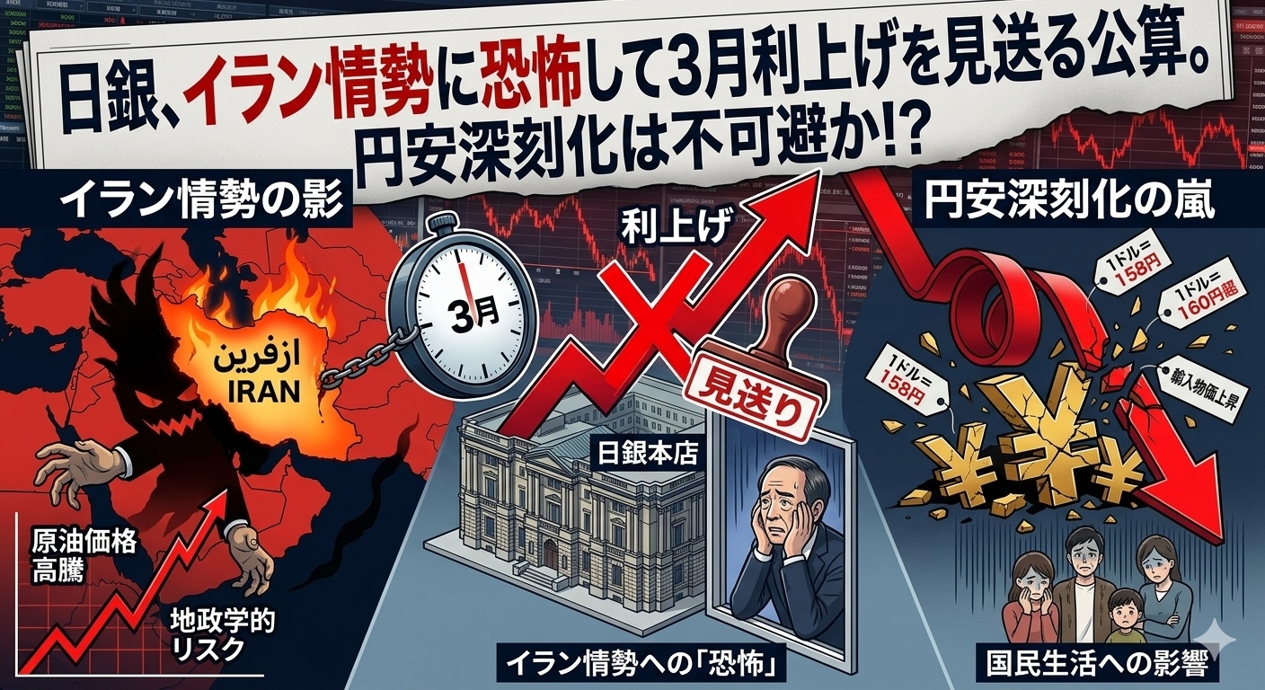 日銀、イラン情勢に恐怖して3月利上げを見送る公算。円安深刻化は不可避か！？