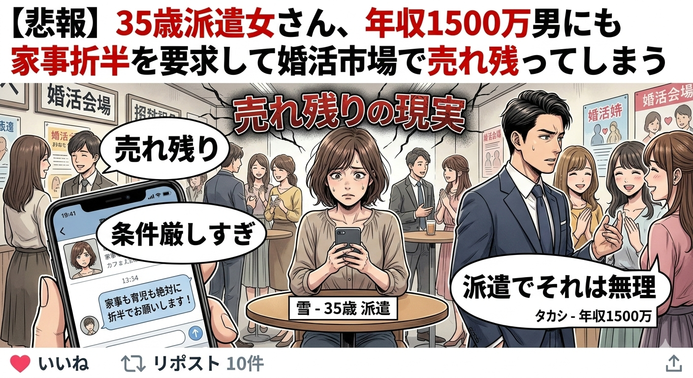 【悲報】35歳派遣女さん、年収1500万男にも家事折半を要求して婚活市場で売れ残ってしまう