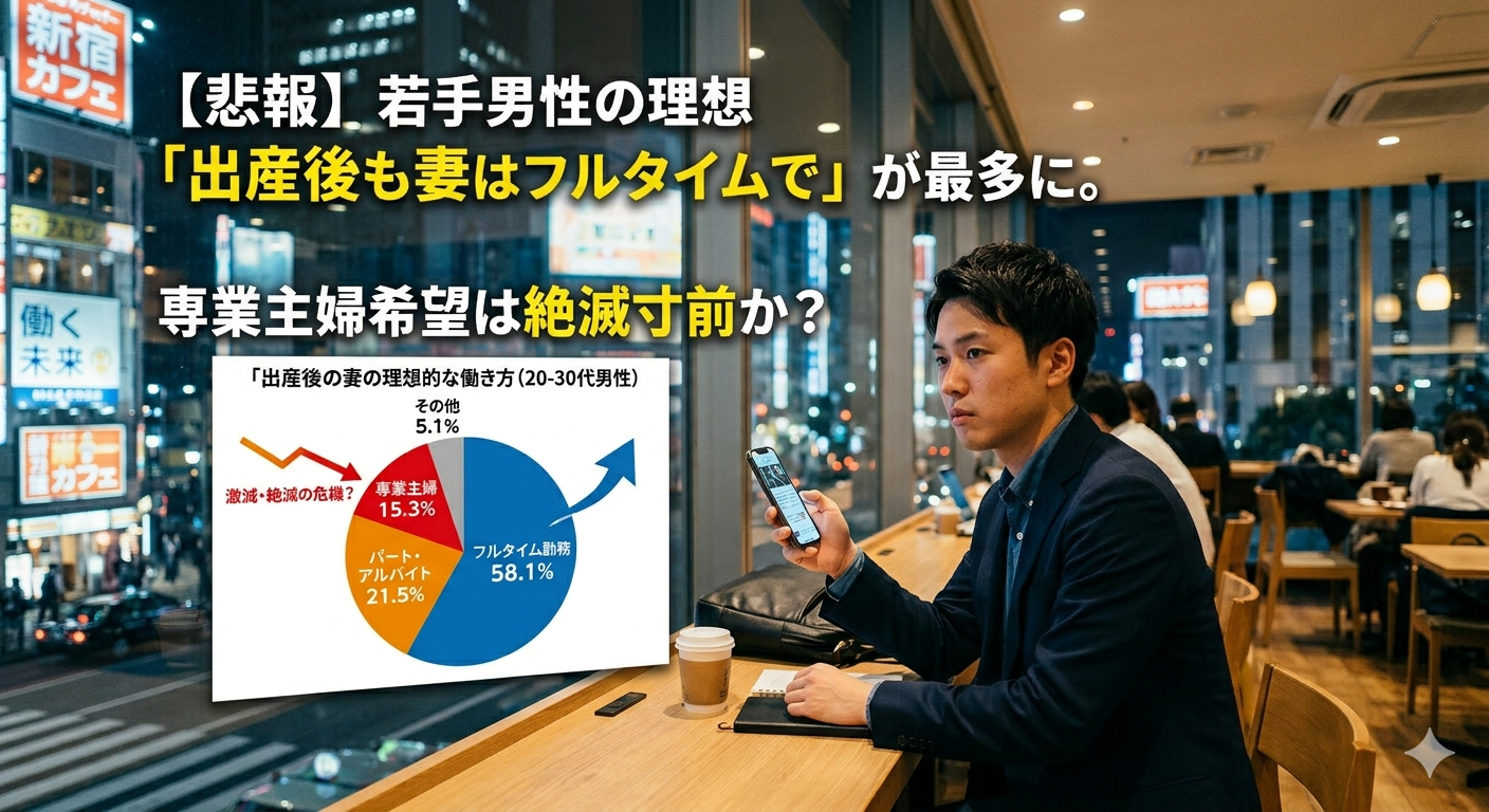 【悲報】婚活男性の理想「出産後も妻はフルタイムで」が最多に。専業主婦希望は絶滅寸前か?