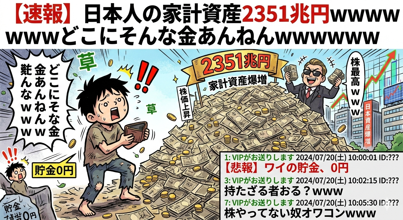 家計資産2351兆円、株価上昇で過去最高に　お前らどこに隠してるんだよ？