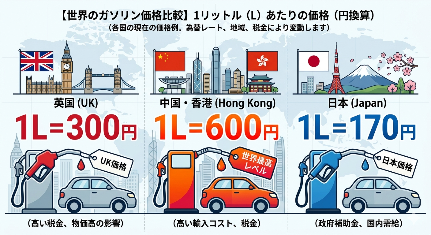 世界のガソリン価格 英国 1L=300円 中国・香港 1L=600円 日本 1L=170円
