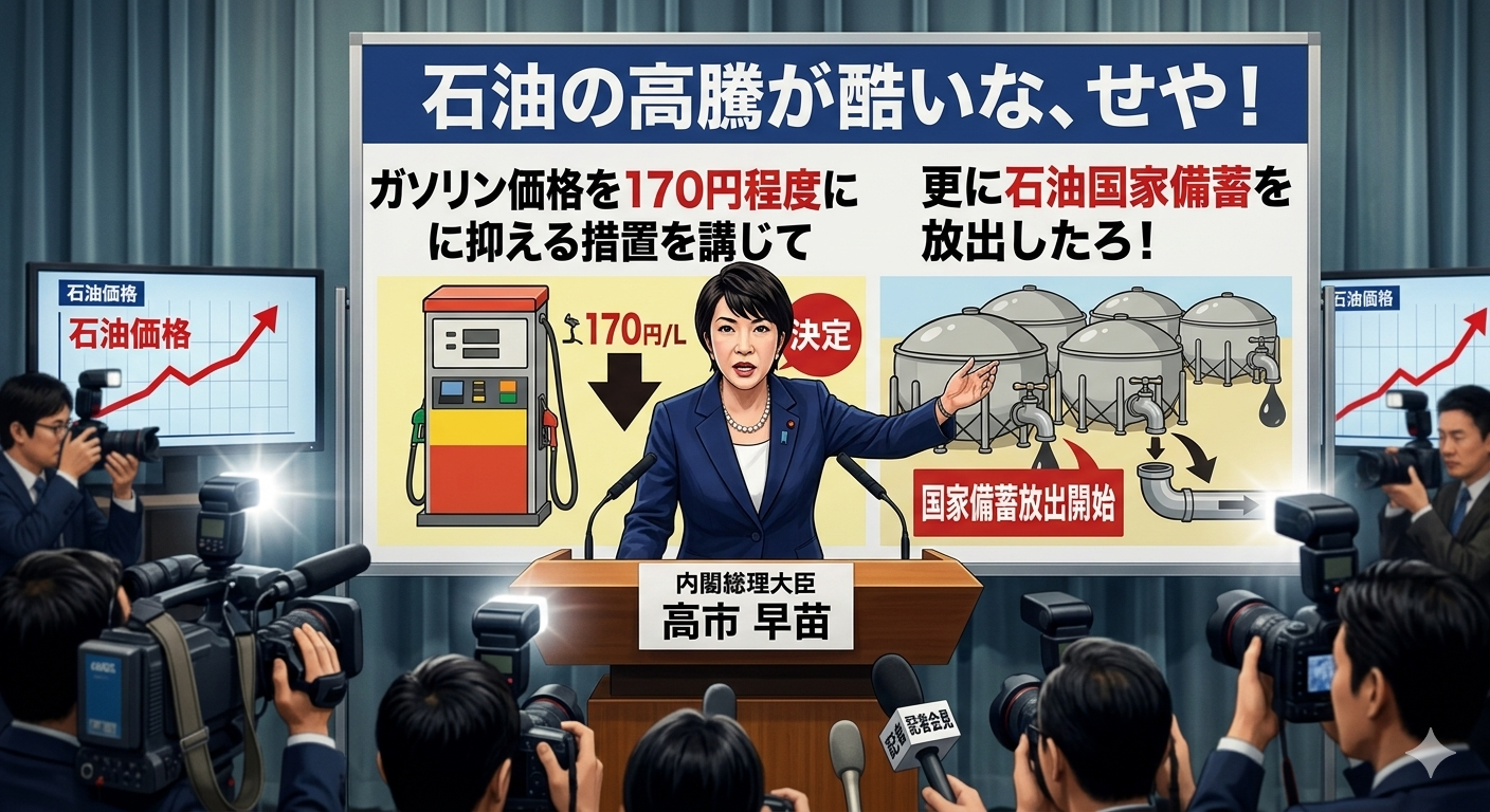 高市総理「石油の高騰が酷いな、せや!ガソリン価格を170円程度に抑える措置を講じて更に石油国家備蓄を放出したろ!」
