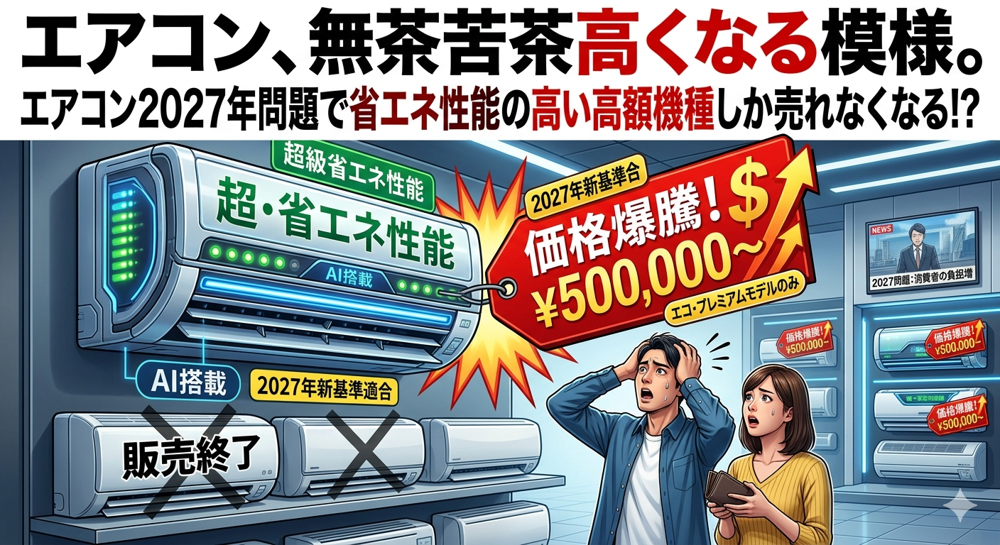 エアコン、無茶苦茶高くなる模様。エアコン2027年問題で省エネ性能の高い高額機種しか売れなくなる！？