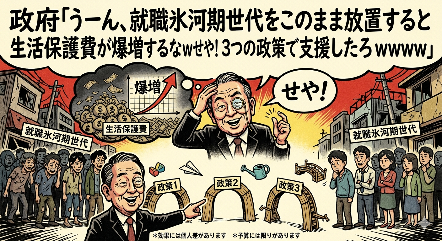 政府「うーん、就職氷河期世代をこのまま放置すると生活保護費が爆増するなｗせや！３つの政策で支援したろｗｗｗｗ」
