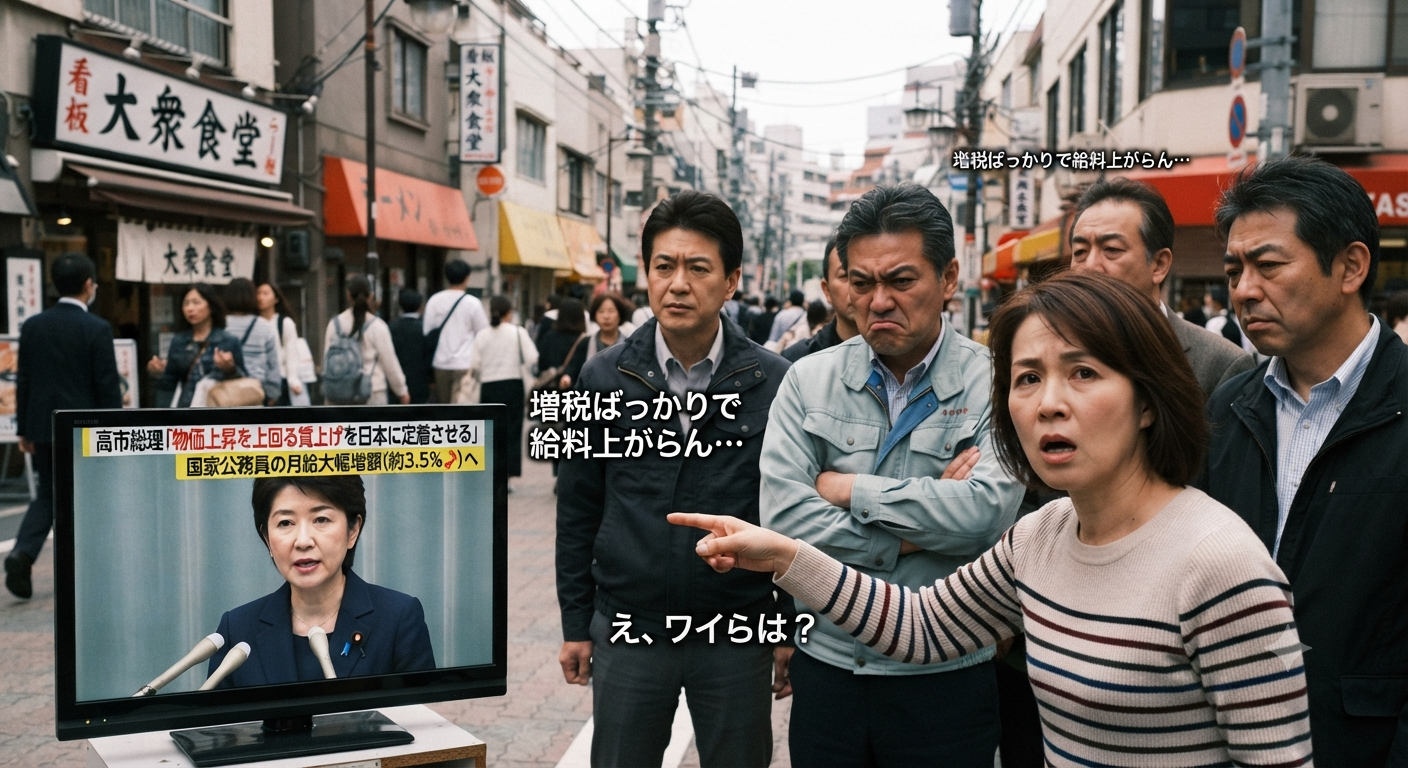 高市総理「物価上昇を上回る賃上げを日本に定着させる」→国家公務員の月給大幅増額(約3.5%⤴)へ→庶民「え、ワイらは❓」